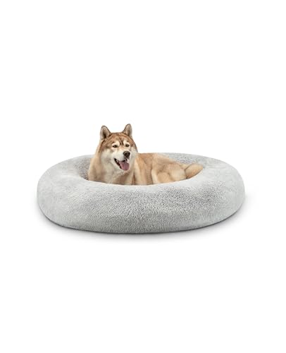 lionto Donutbett für Hunde und Katzen, Flauschiges Hundebett rund für kleine und große Heimtiere, Ø 120 cm, weiches Katzenbett aus kuscheligem Plüsch, Hundekissen mit extra Dicker Füllung, hellgrau von lionto