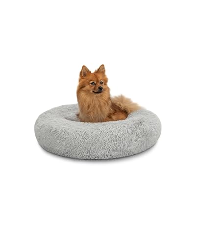 lionto Donutbett für Hunde und Katzen, Flauschiges Hundebett rund für kleine und große Heimtiere, Ø 60 cm, weiches Katzenbett aus kuscheligem Plüsch, Hundekissen mit extra Dicker Füllung, hellgrau von lionto