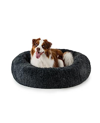 lionto Donutbett für Hunde und Katzen, Flauschiges Hundebett rund für kleine und große Heimtiere, Ø 100 cm, weiches Katzenbett aus kuscheligem Plüsch, Hundekissen mit extra Dicker Füllung, dunkelgrau von lionto