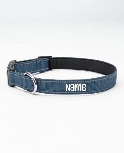 lionto Hundehalsband personalisiert aus strapazierfähigem Nylon, Größe L, reflektierendes Halsband für Hunde mit Name oder Telefonnummer, Metallring & stufenloser Schieber, blau (Wunschaufdruck) von lionto