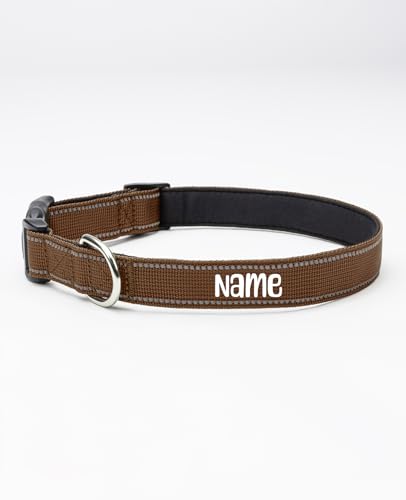 lionto Hundehalsband personalisiert aus strapazierfähigem Nylon, Größe L, reflektierendes Halsband für Hunde mit Name oder Telefonnummer, Metallring & stufenloser Schieber, braun (Wunschaufdruck) von lionto