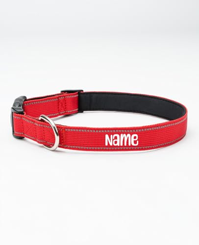 lionto Hundehalsband personalisiert aus strapazierfähigem Nylon, Größe L, reflektierendes Halsband für Hunde mit Name oder Telefonnummer, Metallring & stufenloser Schieber, rot (Wunschaufdruck) von lionto