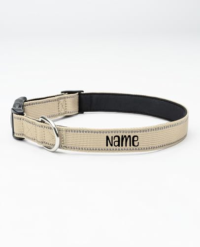 lionto Hundehalsband personalisiert aus strapazierfähigem Nylon, Größe M, reflektierendes Halsband für Hunde mit Name oder Telefonnummer, Metallring & stufenloser Schieber, beige (Wunschaufdruck) von lionto