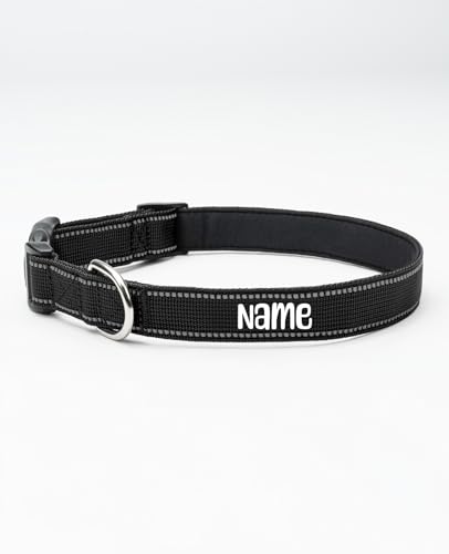 lionto Hundehalsband personalisiert aus strapazierfähigem Nylon, Größe S, reflektierendes Halsband für Hunde mit Name oder Telefonnummer, Metallring & stufenloser Schieber, schwarz (Wunschaufdruck) von lionto