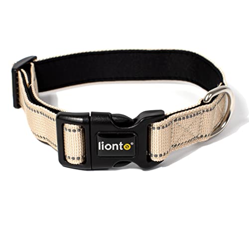 lionto Hundehalsband aus strapazierfähigem Nylon, Größe XL, weiches gepolstertes Halsband für Hunde, 360° reflektierend & Klickverschluss, Metallring & Anpassung durch stufenlosen Schieber, beige von lionto