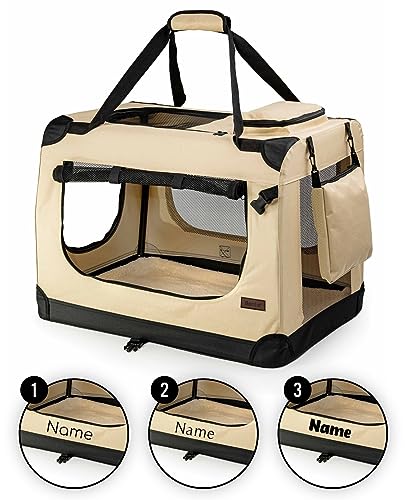 lionto Hundetransportbox faltbar für Reise & Auto, 70x52x50 cm, stabile Transportbox mit Tragegriffen & Decke für Katzen & Hunde bis 15 kg, Hundebox aus Stoff für klein & groß, beige (Namensaufdruck) von lionto