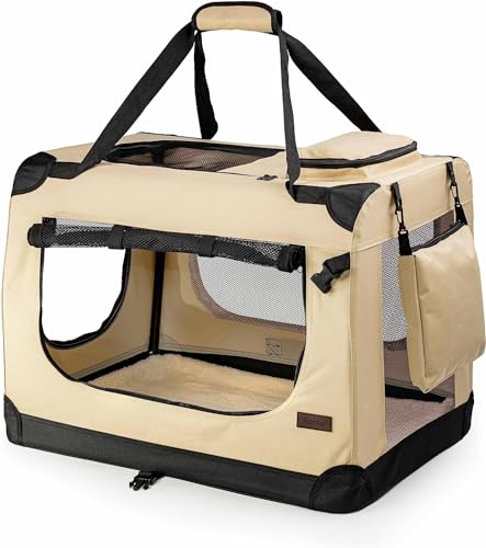 lionto Hundetransportbox faltbar für Reise & Auto, 82x58x58 cm, stabile Transportbox mit Tragegriffen & Decke für Katzen & Hunde bis 18 kg, robuste Hundebox aus Stoff für klein & groß, beige von lionto