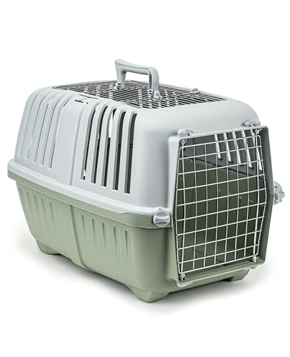 lionto Hundetransportbox aus Kunststoff mit Metallgitter, 58,5x35,5x40 cm, Transportbox mit praktischem Schließsystem & Tragegriff, auch geeignet für Katzen & Kleintiere, für Haustiere bis 15kg, grün von lionto