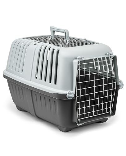 lionto Hundetransportbox aus Kunststoff mit Metallgitter, 58,5x35,5x40 cm, Transportbox mit praktischem Schließsystem & Tragegriff, auch geeignet für Katzen & Kleintiere, für Haustiere bis 15kg, grau von lionto