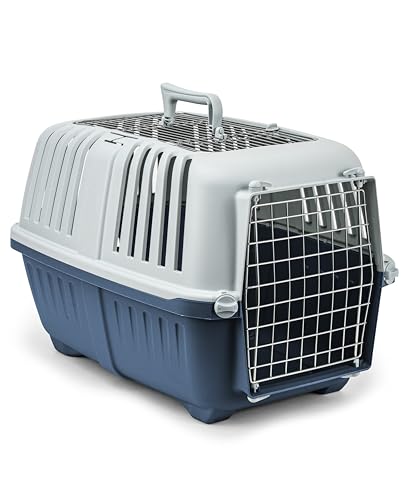 lionto Hundetransportbox aus Kunststoff mit Metallgitter, 58,5x35,5x40 cm, Transportbox mit praktischem Schließsystem & Tragegriff, auch geeignet für Katzen & Kleintiere, für Haustiere bis 15kg, blau von lionto