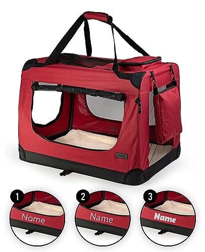 lionto Hundetransportbox faltbar für Reise & Auto, 50x34x36 cm, stabile Transportbox mit Griffen & Decke für Katzen & Hunde bis 10 kg, Hundebox aus Stoff für klein & groß, dunkelrot (Namensaufdruck) von lionto