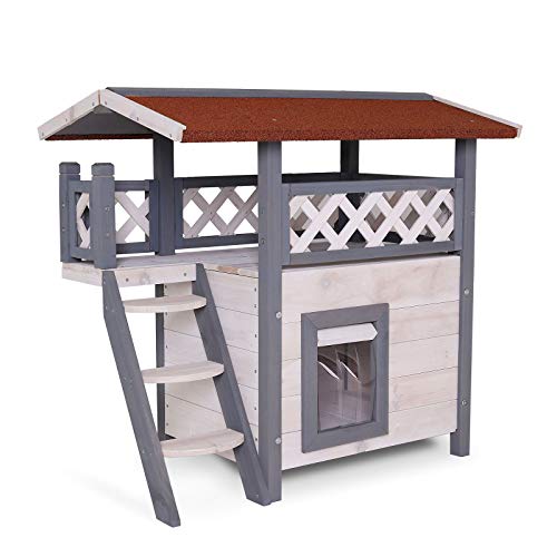 lionto Katzenhaus mit Terrasse und Treppe, Outdoor Lodge für Katzen aus robustem Holz bietet Schutz vor Witterung, 77x50x73 cm, PVC-Lamellen schützen vor Wind, Montageanleitung mitgeliefert, grau/weiß von lionto