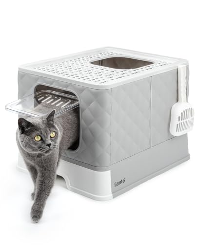 lionto Katzentoilette mit Schublade & Schaufel, 50,5x40,8x37 cm, Katzenklo mit 2 Ausgängen & auslaufsicherem Boden, für Katzen bis 15 kg, faltbar, langlebiges PP-Material, weiß-grau von lionto