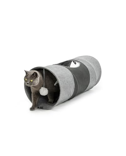 lionto Katzentunnel mit Spielball, 30x70 cm, Faltbarer erweiterbarer Spieltunnel aus pflegeleichtem Faux-Linen-Material für Katzen, Robustes Katzenspielzeug, 30 cm Durchmesser von lionto