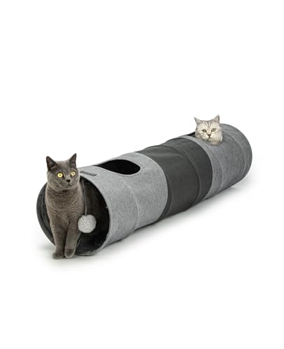 lionto Katzentunnel mit Spielball, 30x130 cm, Faltbarer erweiterbarer Spieltunnel aus pflegeleichtem Faux-Linen-Material für Katzen, Robustes Katzenspielzeug, 30 cm Durchmesser von lionto