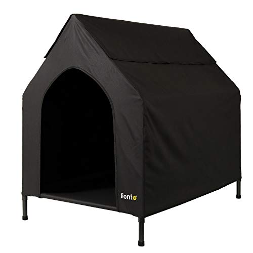 lionto Outdoor Hundeliege überdacht, 130x85x113 cm, wasserabweisendes, kratzfestes Oxford-Material & atmungsaktives Netzgewebe, erhöhtes Hundebett mit abnehmbaren Füßen, für Hunde bis 80 kg, schwarz von lionto