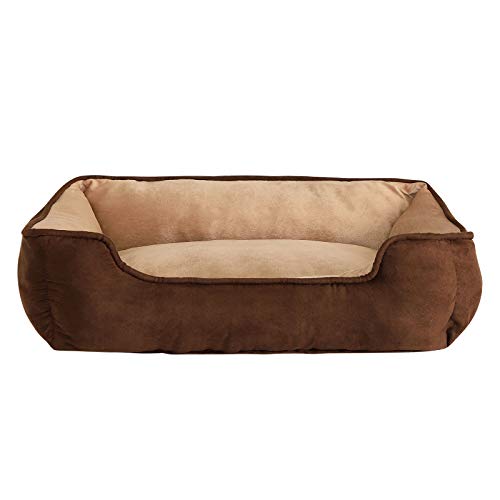 lionto Hundebett 2-in-1 mit komfortablem Einstieg, kuscheliges Heimtierbett zum Wenden für Hunde und Katzen, 110x80 cm, Hundekissen in pflegeleichter Wildlederoptik, braun/beige von lionto