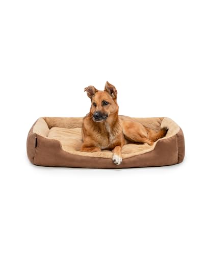 lionto Hundebett mit Wendekissen und Rutschfester Unterseite, Robustes Heimtierkissen mit tiefem Einstieg für Hunde und Katzen jeden Alters, 90x70 cm, kuscheliges Hundekissen, braun/beige von lionto