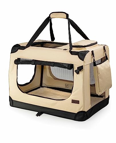 lionto Hundetransportbox faltbar für Reise & Auto, 60x42x44 cm, stabile Transportbox mit Tragegriffen & Decke für Katzen & Hunde bis 12 kg, robuste Hundebox aus Stoff für klein & groß, beige von lionto