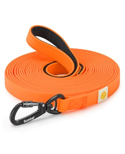 lionto wetterfeste Schleppleine mit 360° Sicherheitskarabiner, 10 m, mit Tasche & gepolsterter Handschlaufe, robuste Hundeleine aus Nylongewebe mit PVC Beschichtung für die Hundeerziehung, orange von lionto