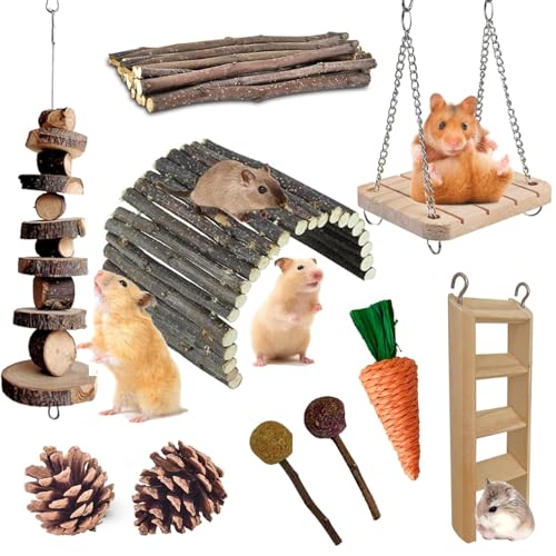 lisetar Hamsterspielzeug, Rattenspielzeug, Chinchilla-Spielzeug, Hamster-Kauspielzeug, Käfigzubehör, Apfelholzstäbe, Leiter, Glockenrolle für Rennmäuse, Meerschweinchen und andere Kleintiere (10 von lisetar