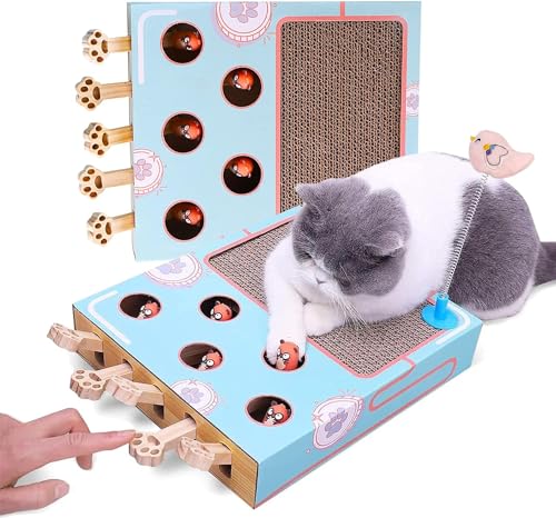 longjunjunfashion Katzenanreicherungsspielzeug – Interaktives Whack a Mole Spiel, Kratzunterlage und Pappbox für Indoor-Katzen von longjunjunfashion