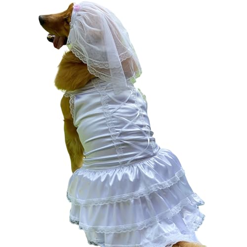 Hunde-Hochzeitskleid mit Kopfbedeckungen, luxuriöses Spitzenkostüm, weich, bequem, für Hochzeit, Party, Braut, Haustierbekleidung für kleine, mittelgroße und große Hunde, Weiß, Größe XL von lovelonglong