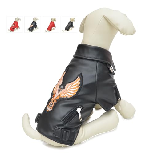 Lovelonglong Coole Hunde Lederjacke, warme Mäntel Hunde Winddichte Kaltwettermäntel für große, mittelgroße und kleine Hunde mit Adler Stickerei Schwarz B-M von lovelonglong