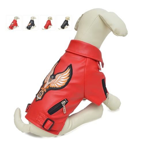 Lovelonglong Coole Hunde Lederjacke Warme Mäntel Hunde Winddicht Kaltes Wetter Mäntel für Große Mittlere Kleine Hunde mit Adler Stickerei Rot B-M von lovelonglong