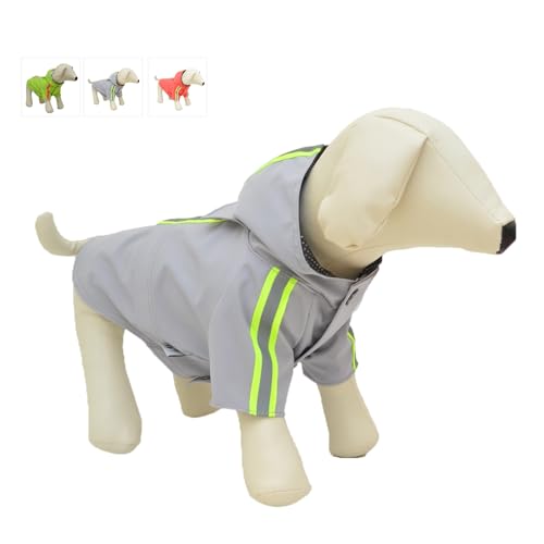 Modischer Regenmantel mit Kapuze, leichte Hunde-Regenjacke, Reißverschluss, Regenponcho mit reflektierenden Streifen, für Englische Bulldogge, American Pit Bulls, Grau, B-XL von lovelonglong