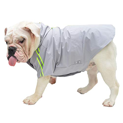 Modischer Regenmantel mit Kapuze, leichte Hunde-Regenjacke, Reißverschluss, Regenponcho mit reflektierenden Streifen, für Französische Bulldogge, Mops, Grau, Größe B-M von lovelonglong