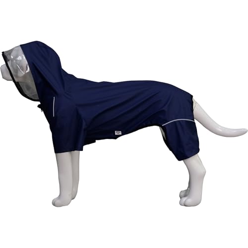 Vierbeiniger, vollständig abdeckender, wasserdichter Hunderegenmantel mit reflektierenden Merkmalen. Regenmäntel für große, mittelgroße und kleine Hunde. Navy Blue 2XL von lovelonglong