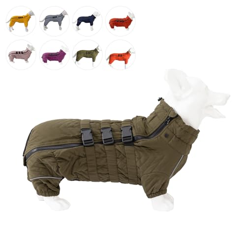 Warmer Hundemantel, doppellagige Hundeweste, Vier Beine bedeckt, Winddicht, wasserdicht, reflektierende warme Hundeweste, Outdoor-Schlittschuhkostüm für Corgis und Dackel. Olive D-M von lovelonglong