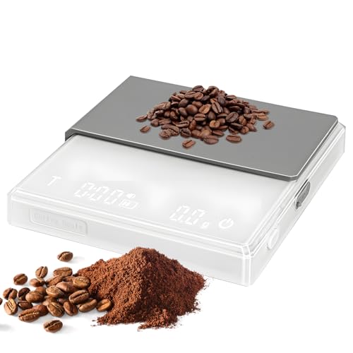 lvifloae Wiederaufladbare Mini-Kaffee-Skala mit Timer, 2 kg/0,1 g genaue wiederaufladbare Skala, 3 Modi, mit Silikonisolationsabdeckungsskala für Espresso- und Guss-Over-Kaffee (White) von lvifloae