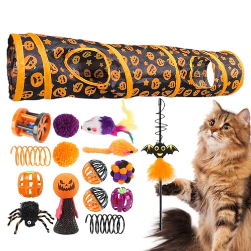 lyanny Haustier-Katzentunnelröhre, Katzenspielzeug-Set mit Tunnel - Zusammenklappbare Halloween-Katzenröhren mit Katzenspielzeug | Aktivitätscenter mit Kürbismuster für Kleintiere, Kätzchen und Katzen von lyanny