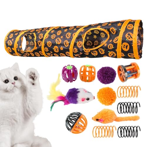 lyanny Katzenspielzeug-Set mit Tunnel,Katzentunnel mit Spielzeug | Zusammenklappbare Halloween-Katzenröhren mit Katzenspielzeug | Interaktives Spielzeug mit Kürbismuster für kleine Tiere, gelangweilte von lyanny
