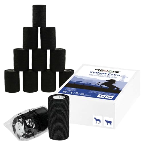 12 x Vethaft Extra selbsthaftende Bandage 10cm Haftbandage für Huf- und Klauenpfleger, Tierärzte, Farbe:schwarz von maDDma