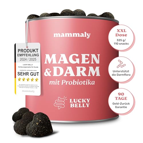 Lucky Belly von mammaly Probiotika Hunde-Leckerli 110 Snacks (325g) Verdauungssnacks für Magen Darmflora Aufbau (bei Durchfall, Sodbrennen & Gras fressen) Alternative zu Heilerde, Kohletabletten von mammaly