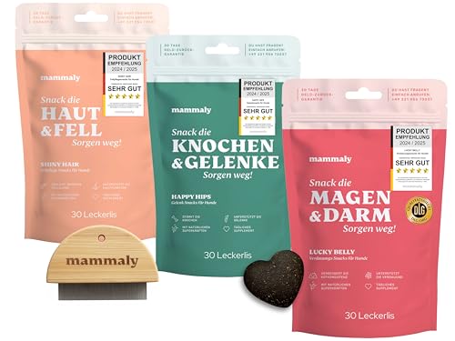 mammaly Lucky Belly + Happy HIPS + Shiny Hair Test Set (3X 110g) – Probiotika Hundeleckerli für Magen & Darm, Bierhefe Hunde für glänzendes Fell, Grünlippmuschel Knochen & Gelenke + gratis Flohkamm von mammaly