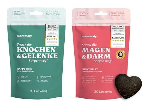 mammaly Lucky Belly + Happy HIPS Test-Bundle (2X 110g) – Probiotika Verdauungssnacks & Grünlippmuschel für Hunde – Magen & Darm Snacks + Knochen- & Gelenktabletten als Hundeleckerli von mammaly