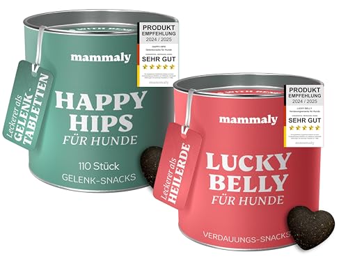 mammaly Lucky Belly + Happy HIPS Vorteils-Bundle (2X 325g) – Probiotika Verdauungssnacks & Grünlippmuschel für Hunde – Magen & Darm Snacks + Knochen- & Gelenktabletten als Hundeleckerli von mammaly