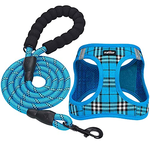 matilor Hundegeschirr Step-in Atmungsaktiv Welpen Katze Hund Weste Geschirr für Kleine Mittlere Hunde Blau Plaid von matilor