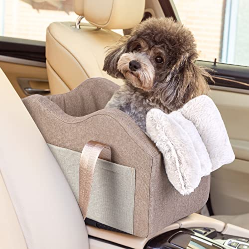 Hunde-Autositz für kleine Hunde, Mittelkonsole, Haustier-Sitzerhöhung für Auto, Welpen, Autositz für kleine Hunde, 0–6,8 kg (Champagner+Khaki) von matsofamic