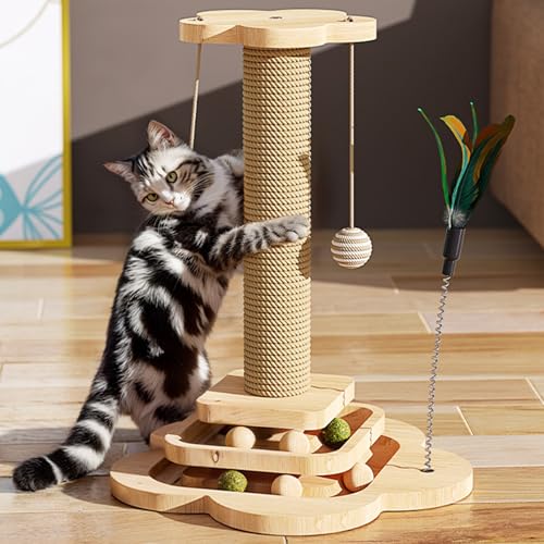 4-in-1-Kratzbaum, Sisal-Kratzbäume mit massivem Holzsockel für Indoor-Katzen, interaktives Katzenspielzeug, Kätzchen-Kratzbaum mit hängendem Ball, Federfeder und Bällen (24 x 46 cm) von maxant