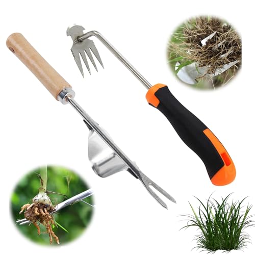 mellystore Gartenarbeit Hand Unkrautstecher 2 Stück Unkrautstecher mit Stiel, Unkraut Entferner Gerät, Unkrautjäter, Entwurzelungswerkzeug, Löwenzahnstecher, Gartenwerkzeug, Fugenkratzer mit Stiel von mellystore