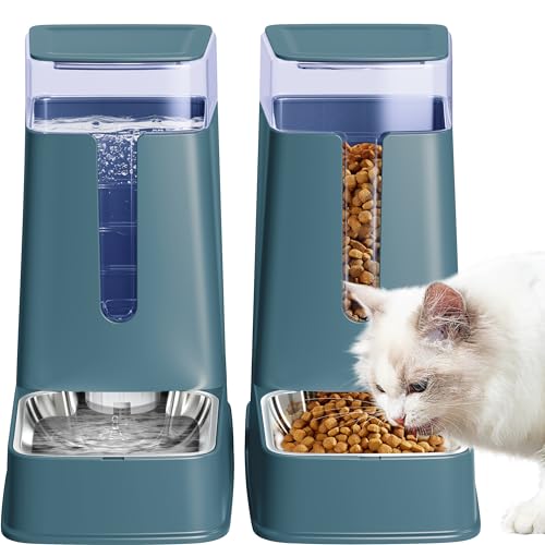 Meowyoyo Automatischer Katzenfutterspender und Katzen-Wasserspender-Set mit Edelstahlnäpfen, Schwerkraft-Hunde-Futterspender für kleine, mittelgroße und große Hunde, Haustiere, Welpen, Kätzchen, 3,5 l von meowyoyo