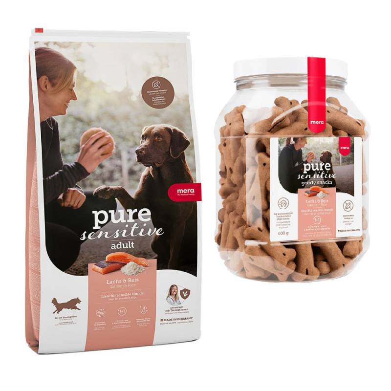 mera pure sensitive Kombi-Paket: 12,5 kg Trockenfutter + 3 x 600 g Goody Snacks - Adult Lachs & Reis 12,5 kg + Goody Snacks Lachs & Reis 3 x 600 g von mera