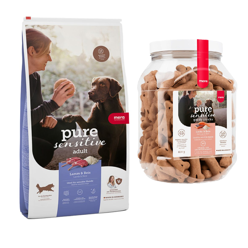 mera pure sensitive Kombi-Paket: 12,5 kg Trockenfutter + 3 x 600 g Goody Snacks - Adult Lamm & Reis 12,5 kg + Goody Snacks Lachs & Reis  3 x 600 g von mera