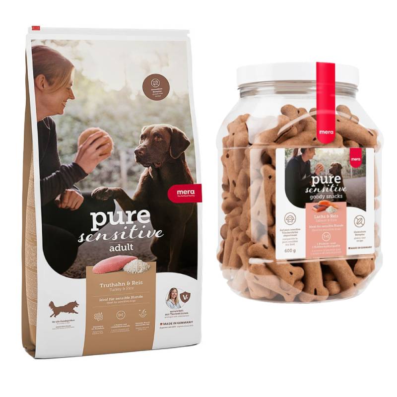 mera pure sensitive Kombi-Paket: 12,5 kg Trockenfutter + 3 x 600 g Goody Snacks - Adult Truthahn & Reis 12,5 kg + Goody Snacks Lachs & Reis 3 x 600 g von mera