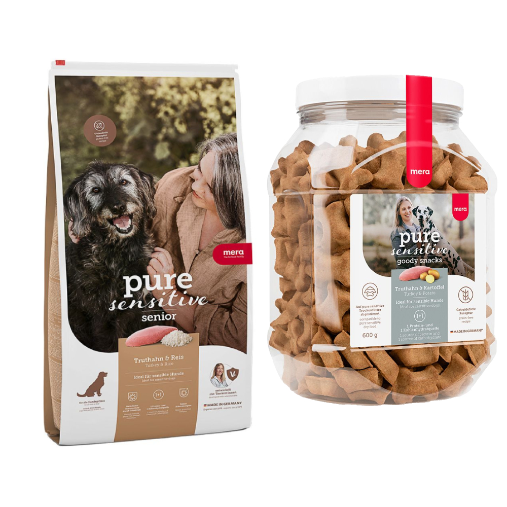 mera pure sensitive Kombi-Paket: 12,5 kg Trockenfutter + 3 x 600 g Goody Snacks - Senior Truthahn & Reis 12,5 kg + Goody Snacks Truthahn & Kartoffel 3 x 600 g von mera